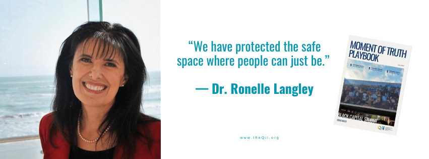 Head-and-shoulders photo of Dr. Ronelle Langley smiling against an ocean backdrop. Beside her, teal text reads: “ We have protected the safe space where people can just be. ” A small thumbnail of the Moment of Truth Playbook appears in the corner.